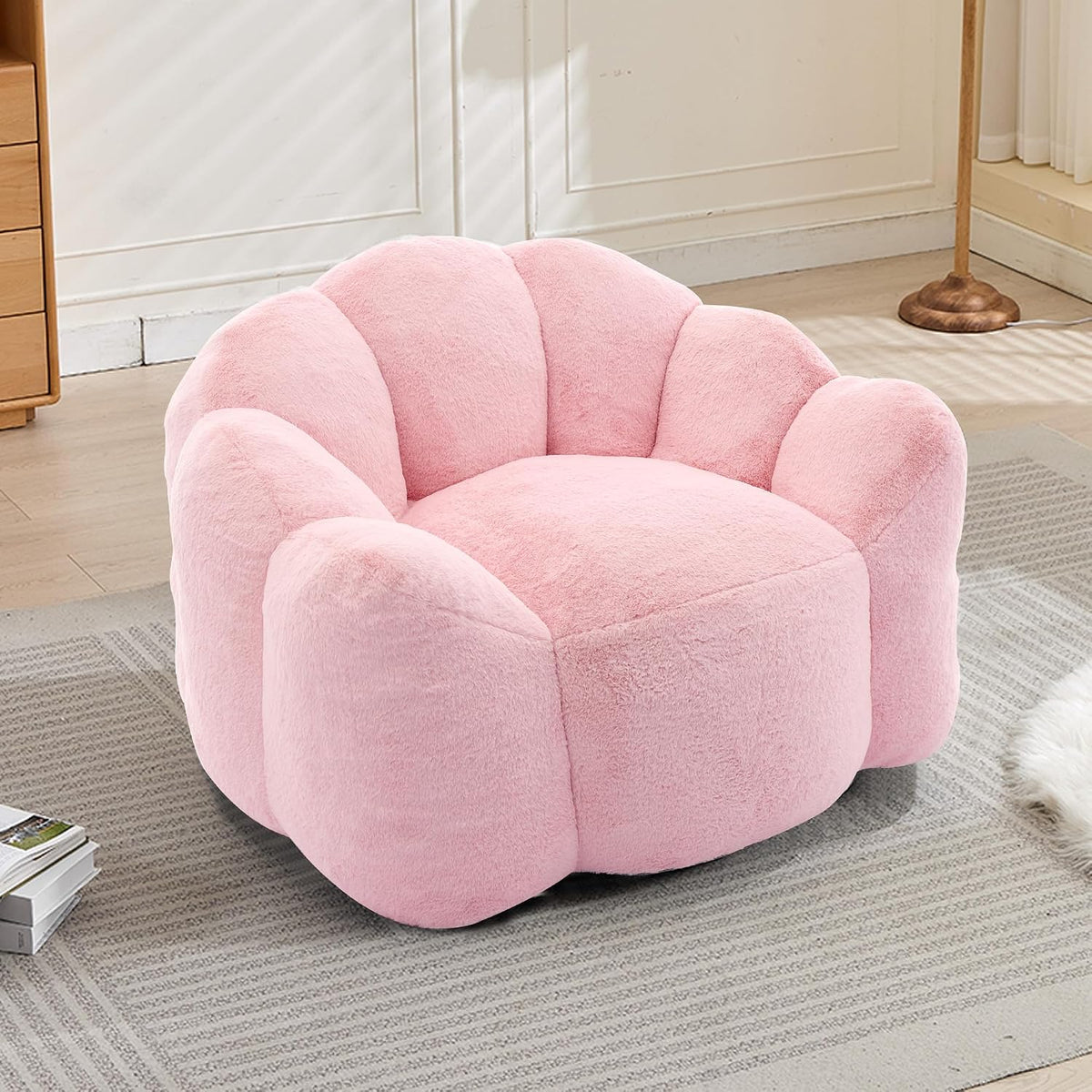 Pink Compression Bean Bag Chair for Adults, Comfy Flowers Beanbag Chairs with Curved Backrest, Soft Floor Singe Sofa with Pull Ring, No Assembly Required (Pink)