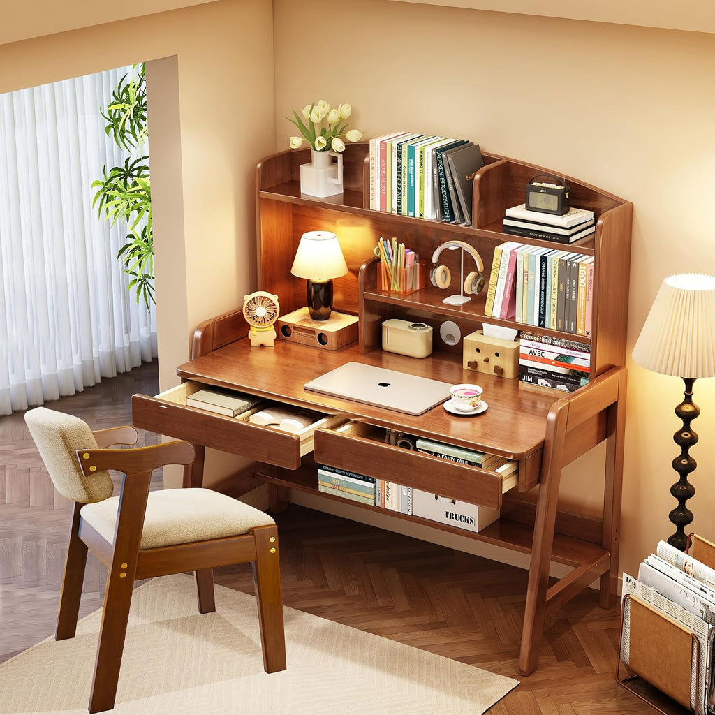 Kids Desk and Chair Set Wooden Children's Learning Table and Chair with Hutch and Two Drawers Children Study＆Writing＆Computer＆Workstation Desk for 3 and Above(Brown