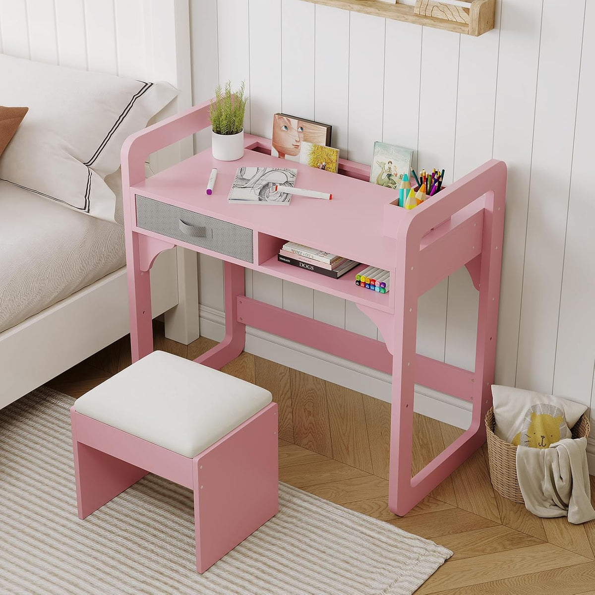 IDEALHOUSE Versatile Kids Desk and Chair Set, Pink