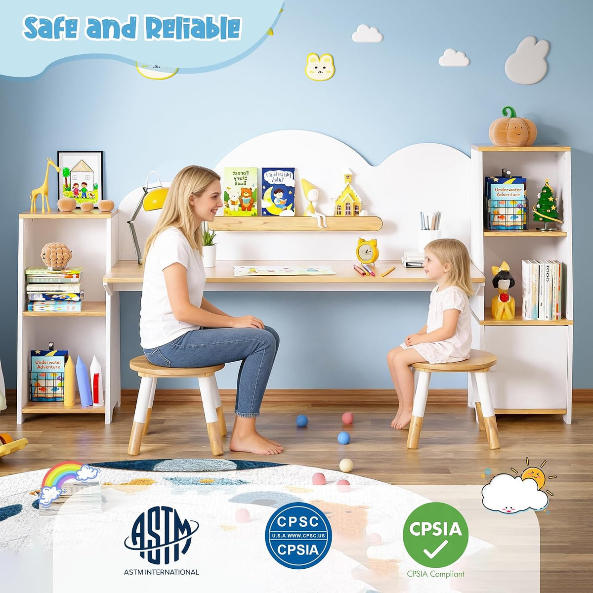 Wooden Kids Study Desk with Storage and 2 Stools, Kids Study Desk and Chair Set, Children Study Table with Bookshelves, Boys & Girls Study Desk for Ages 3-8, Bedroom, Toddler