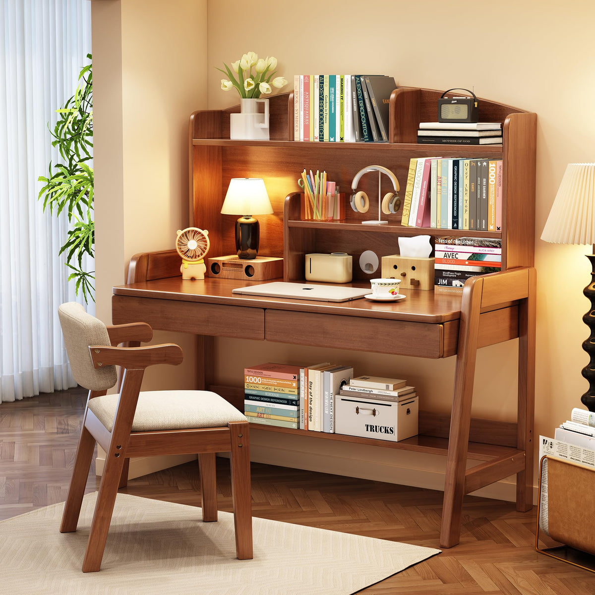 Kids Desk and Chair Set Wooden Children's Learning Table and Chair with Hutch and Two Drawers Children Study＆Writing＆Computer＆Workstation Desk for 3 and Above(Brown