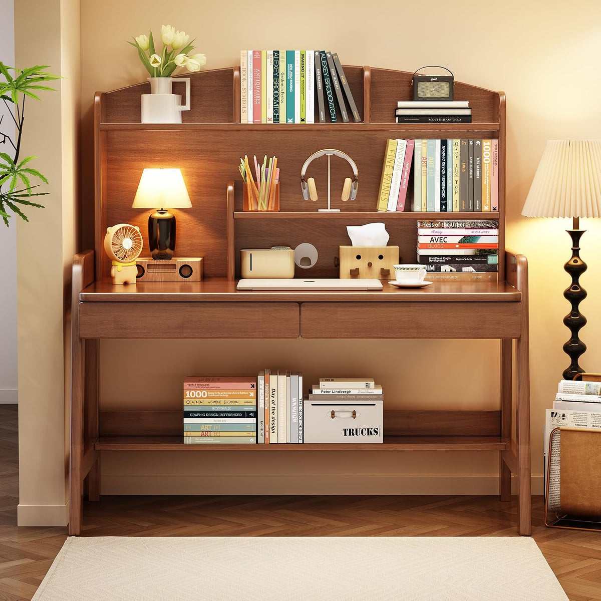 Kids Desk and Chair Set Wooden Children's Learning Table and Chair with Hutch and Two Drawers Children Study＆Writing＆Computer＆Workstation Desk for 3 and Above(Brown
