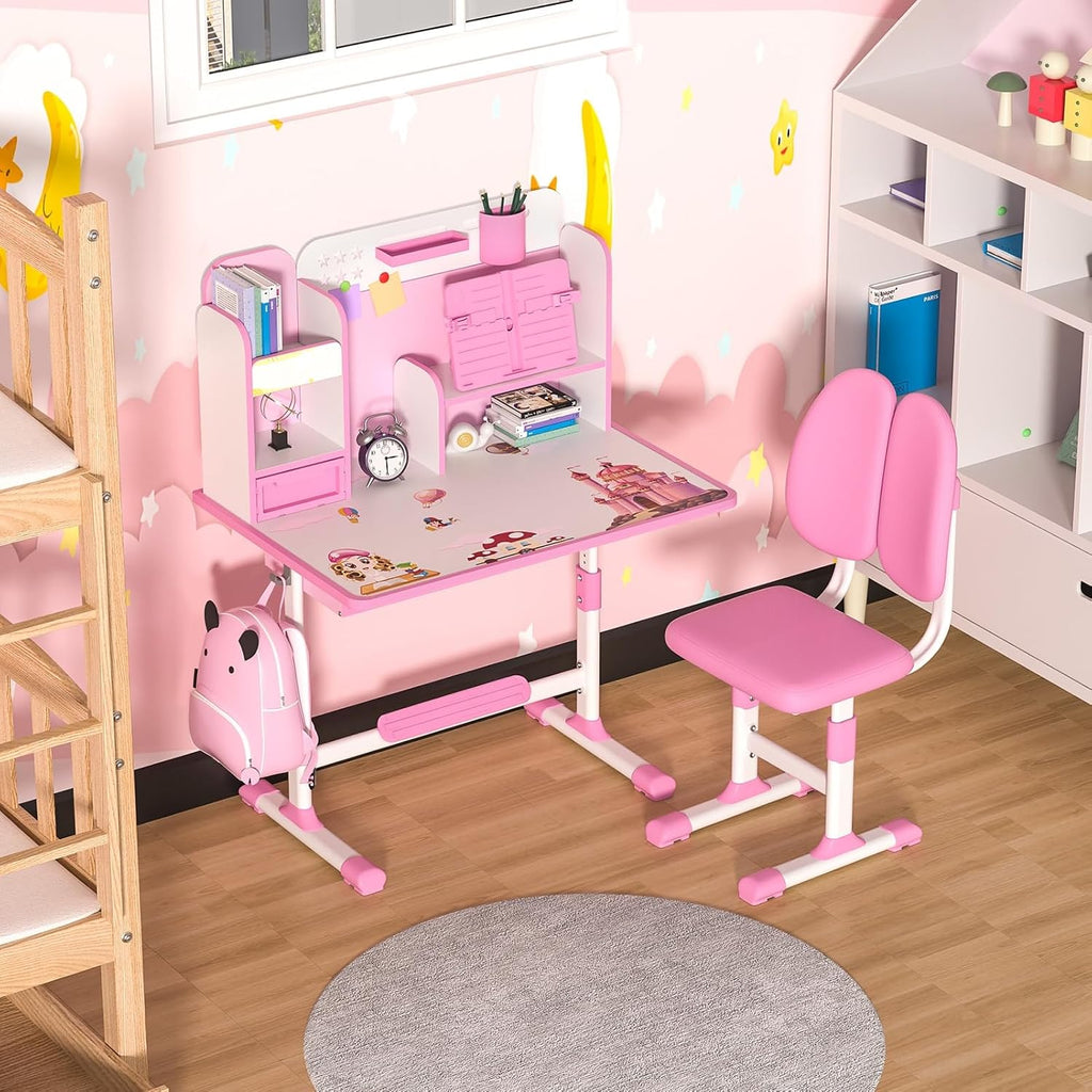 Kids Desk and Chair Set, Height Adjustable Toddler Desk and Chair Set, Children Study Table Chair Set with Sitting Corrector, Kids Art Desk with Storage and Drawers for Bedroom Reading Pink