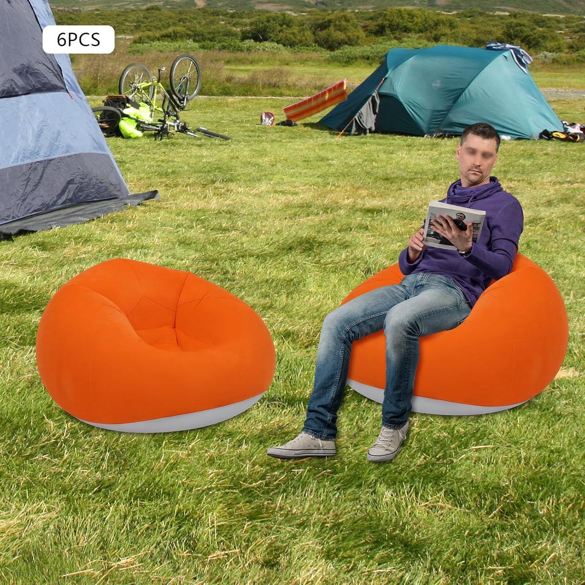 6 PCS Inflatable Chairs, Portable Inflatable Couch 330lbs Capacity Foldable Air Chairs Inflatables Deck Chair with Air Pump for Indoor Outdoor Camping (Orange)