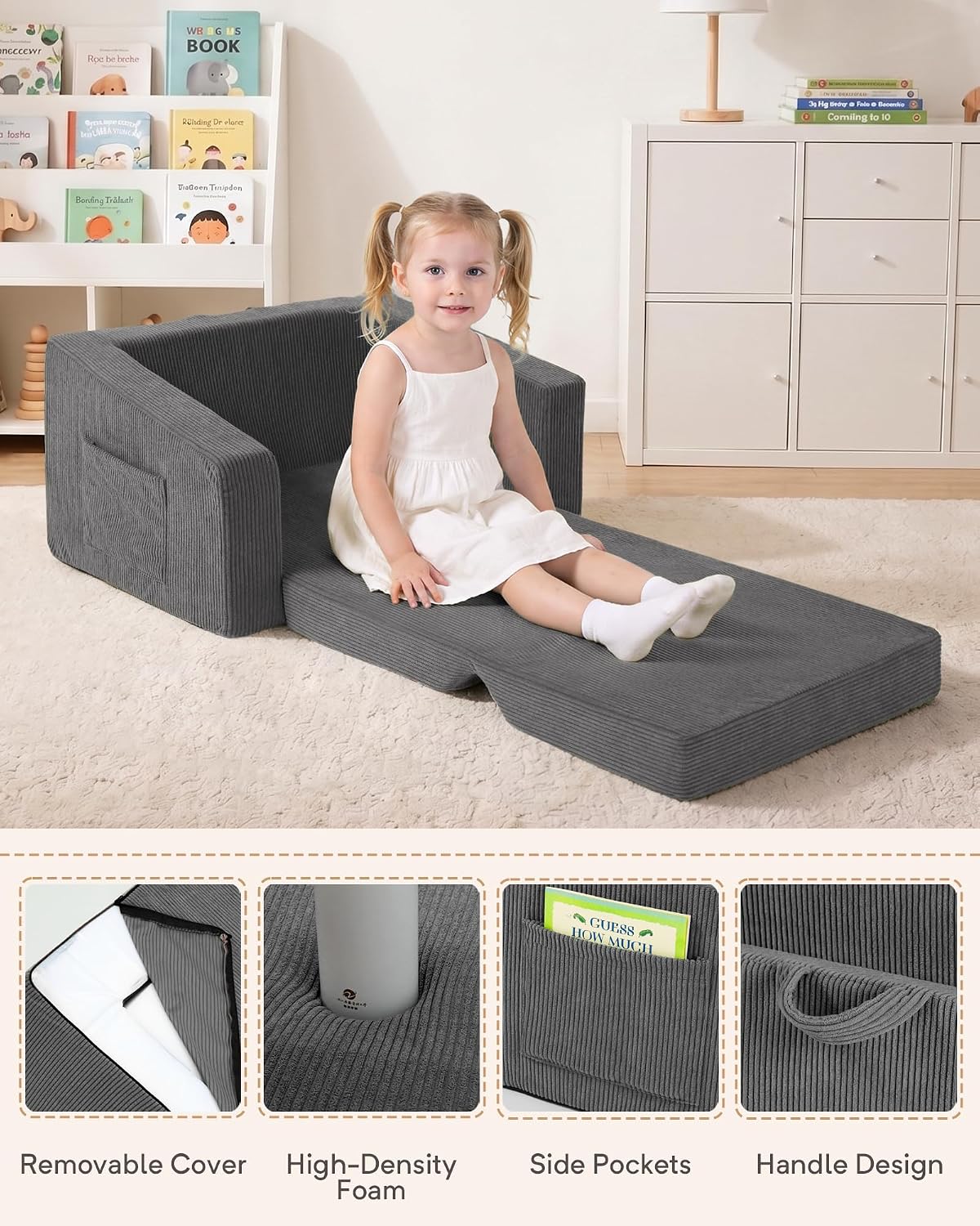2-in-1 Kids Chair and Couch, Larger Cozy Corduroy Kids Sofa, Grey