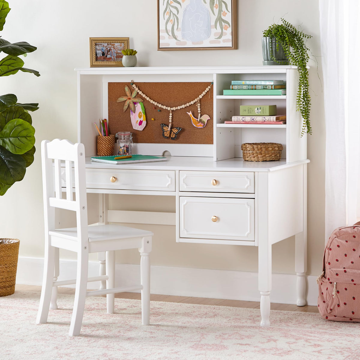 Guidecraft Avery Kids' Desk and Chair Set - White: Girls Wooden Study Desk with Storage Drawers, Computer Workstation for Children