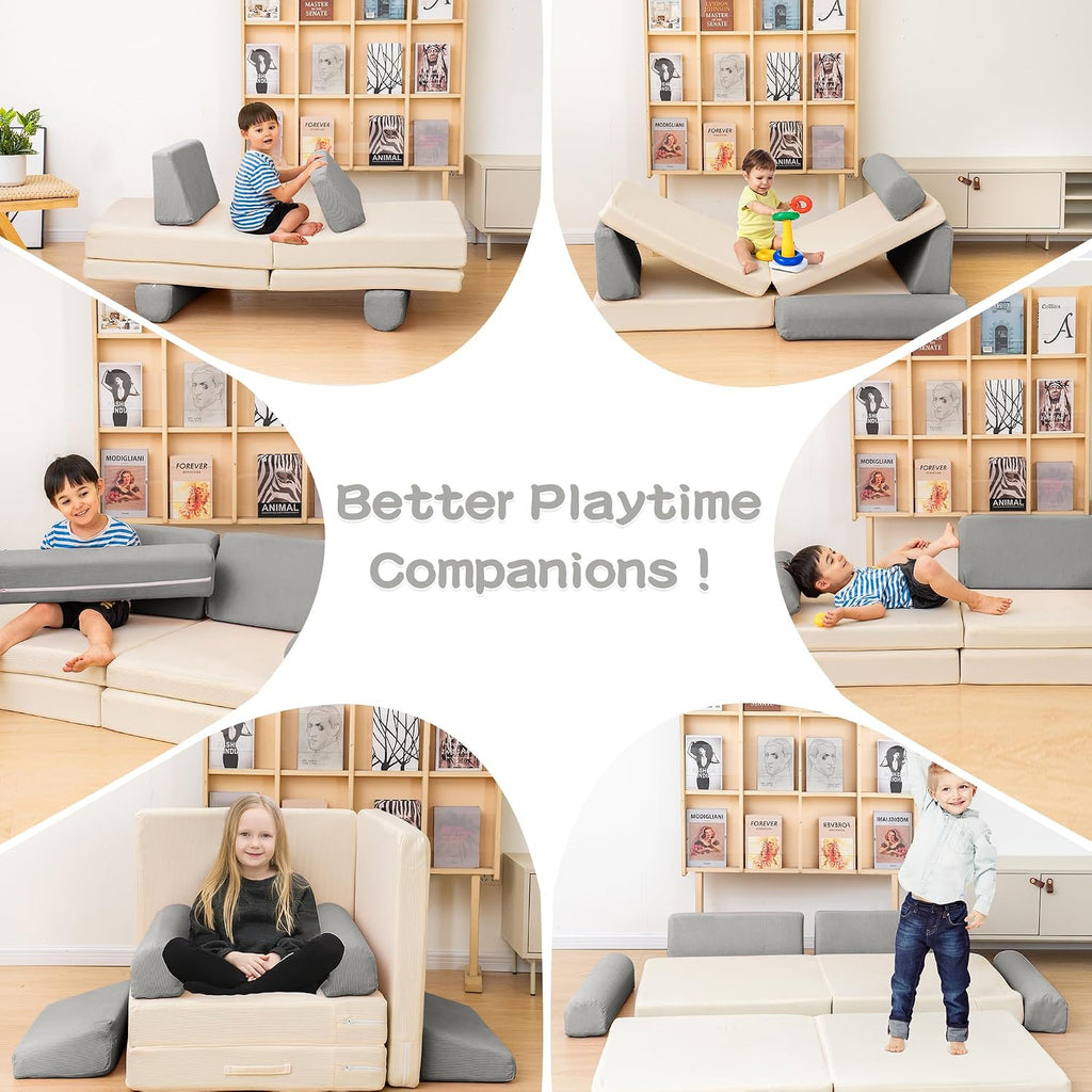 Modular Kids Play Couch, 5 Second Quick Bounce High Density Foam, Corduroy Fabric, Kids Sofa that Inspires Toddler Creativity for Playroom Bedroom Living Rooms Toddler Sofa -Grey and Beige