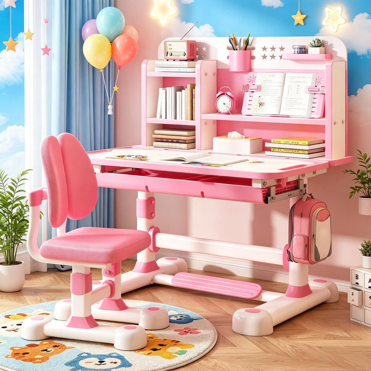 Kids Functional Desk and Chair Set, Study Desk with Chair, Height Adjustable Children School Desk with Storage Drawer for Boys Girls Pink