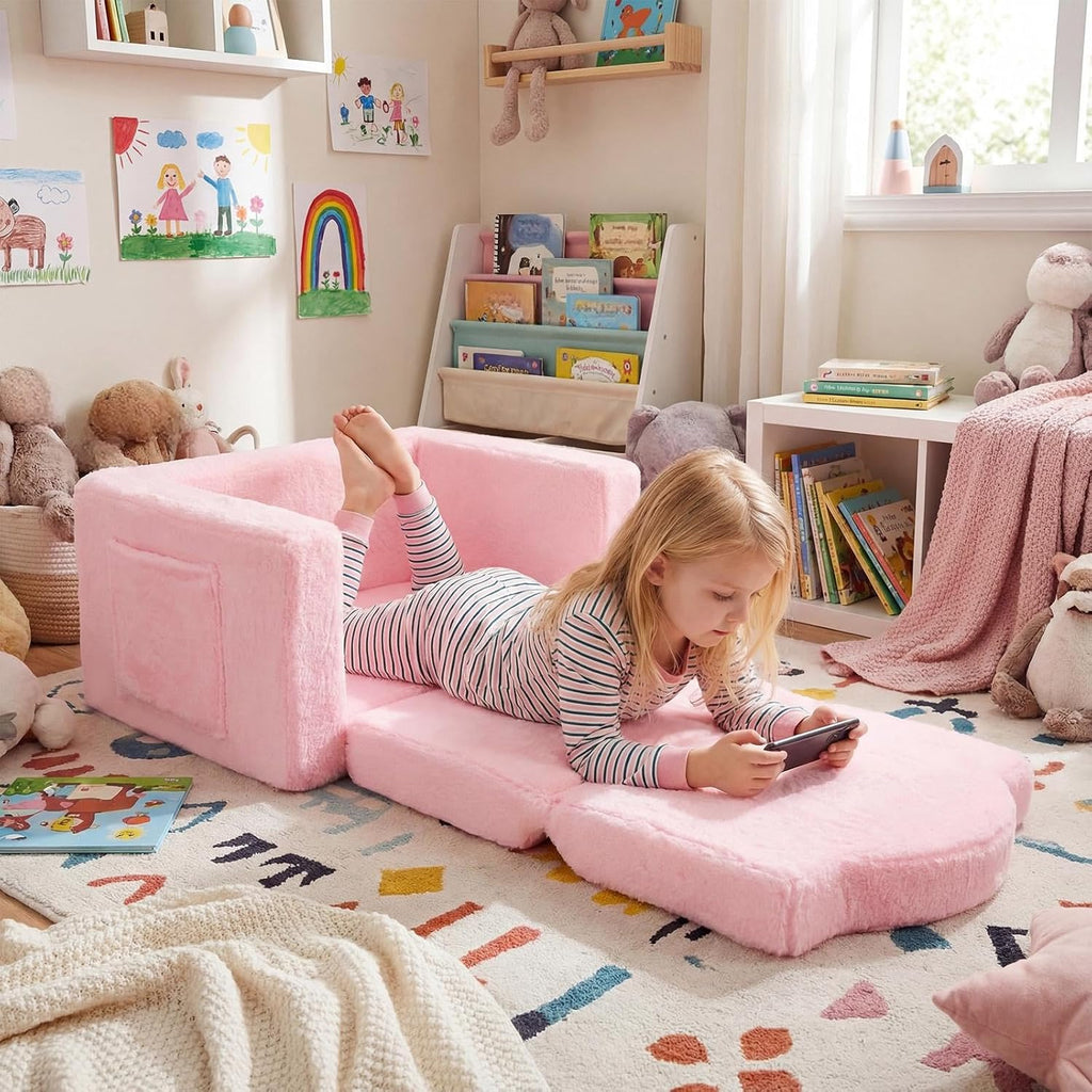 Novabright Kids Chair or Couch, 2-in-1 Soft Foldable Couch, Strawberry