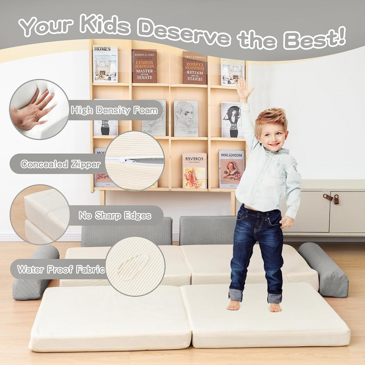 Modular Kids Play Couch, 5 Second Quick Bounce High Density Foam, Corduroy Fabric, Kids Sofa that Inspires Toddler Creativity for Playroom Bedroom Living Rooms Toddler Sofa -Grey and Beige