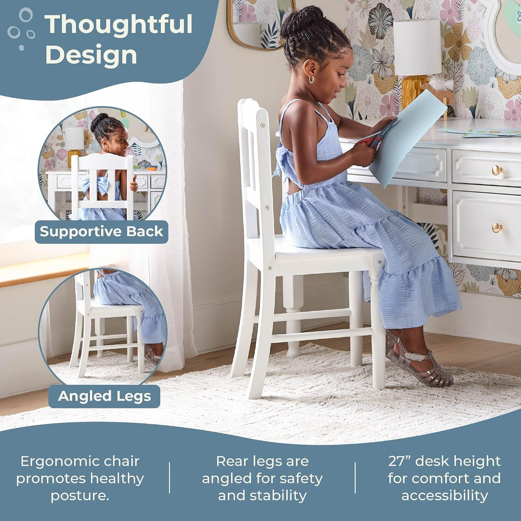 Guidecraft Avery Kids' Desk and Chair Set - White: Girls Wooden Study Desk with Storage Drawers, Computer Workstation for Children
