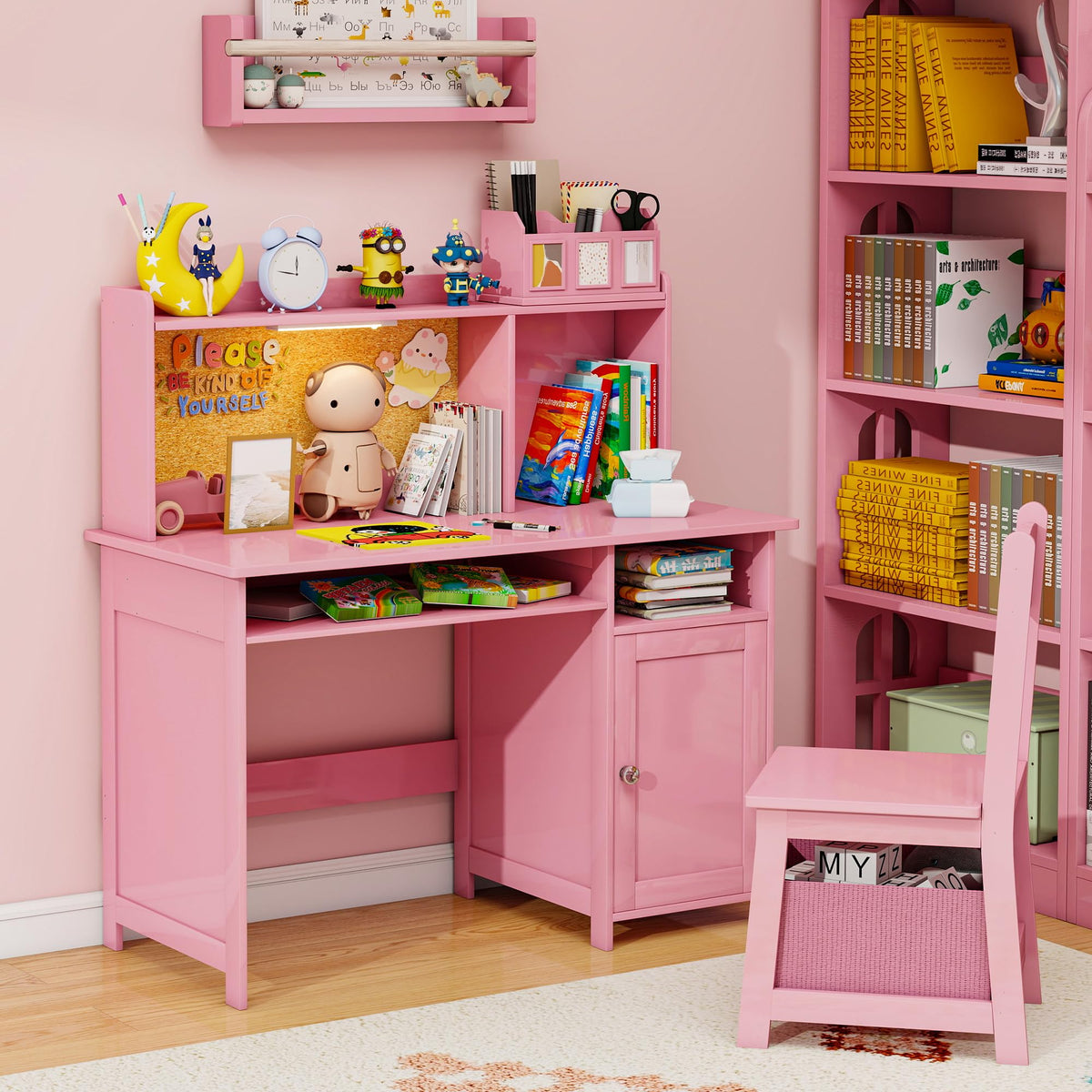 Kids Desk and Chair Set with Cork Board & Removable LED Light, White