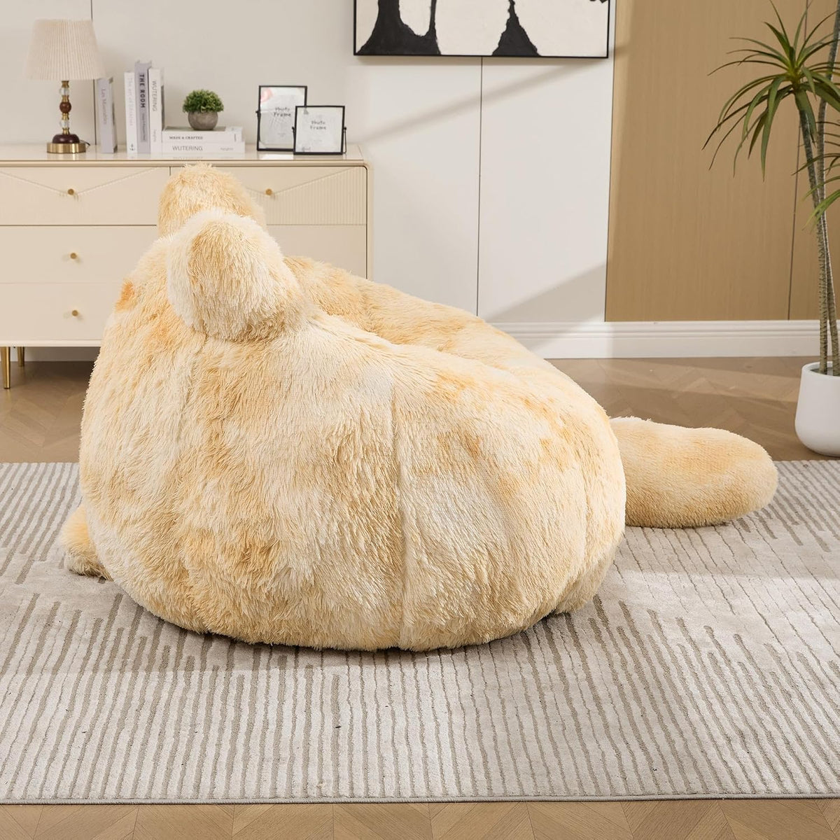 41.7 Inch Faux Fur Bean Bag Chair, Cat Shaped with Tail Pillow, Floor Sofa
