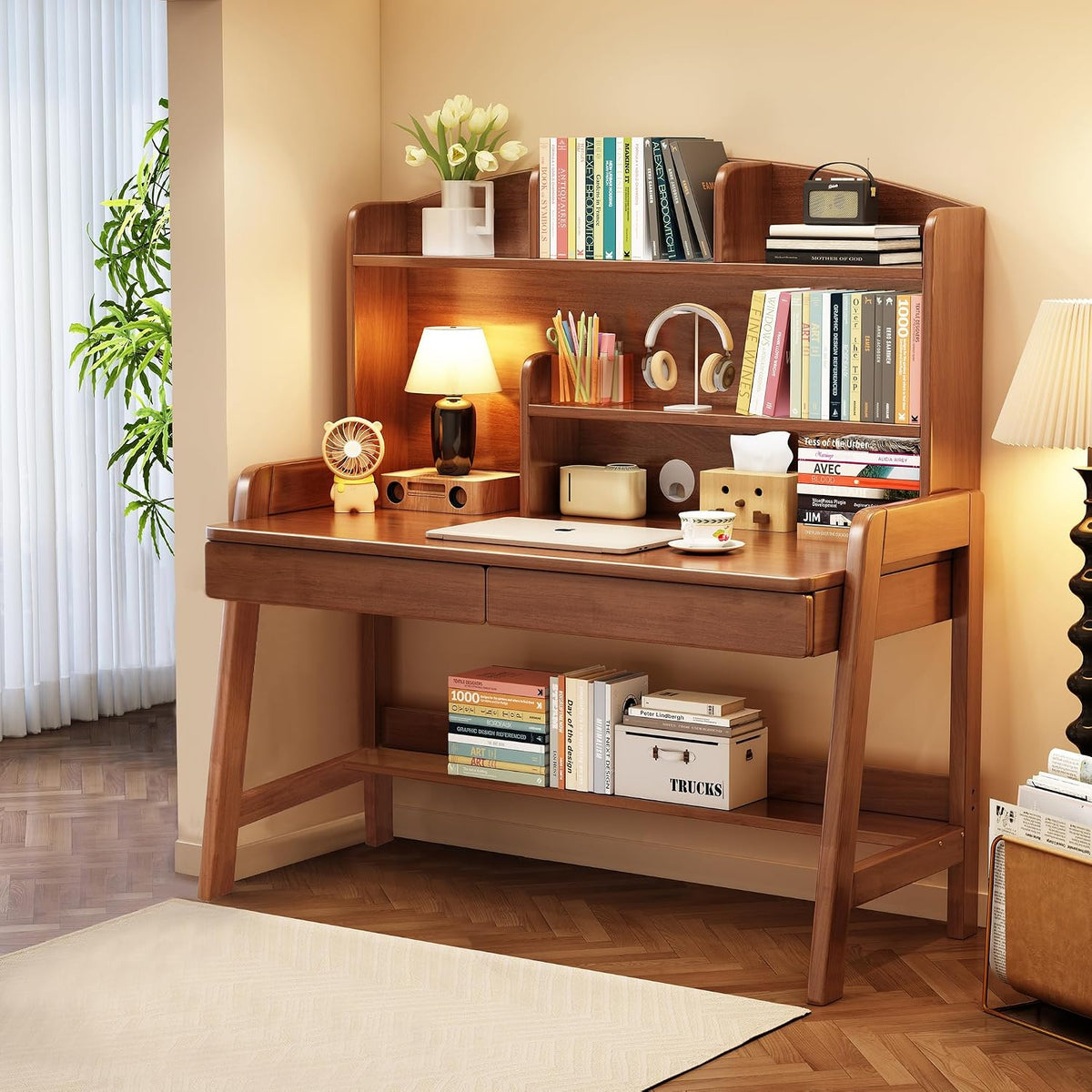 Kids Desk＆Table Wooden Children’s Study Desk with Bookshelf＆Two Drawers Children Study＆Writing＆Computer＆Workstation for 3 and Above(Brown