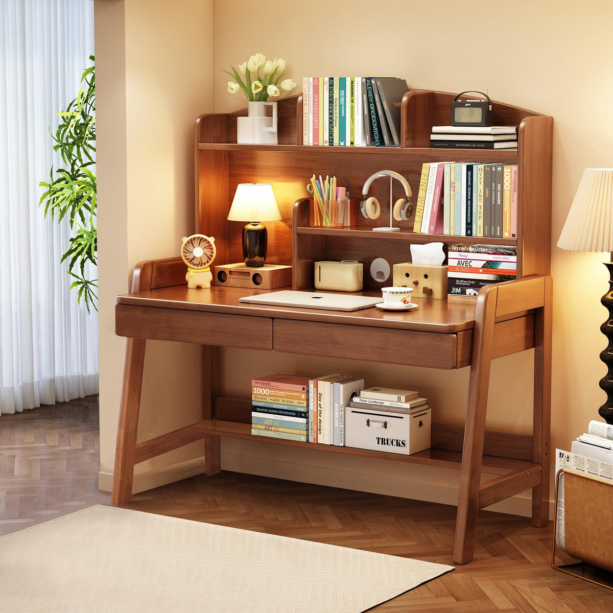 Kids Desk＆Table Wooden Children’s Study Desk with Bookshelf＆Two Drawers Children Study＆Writing＆Computer＆Workstation for 3 and Above(Brown