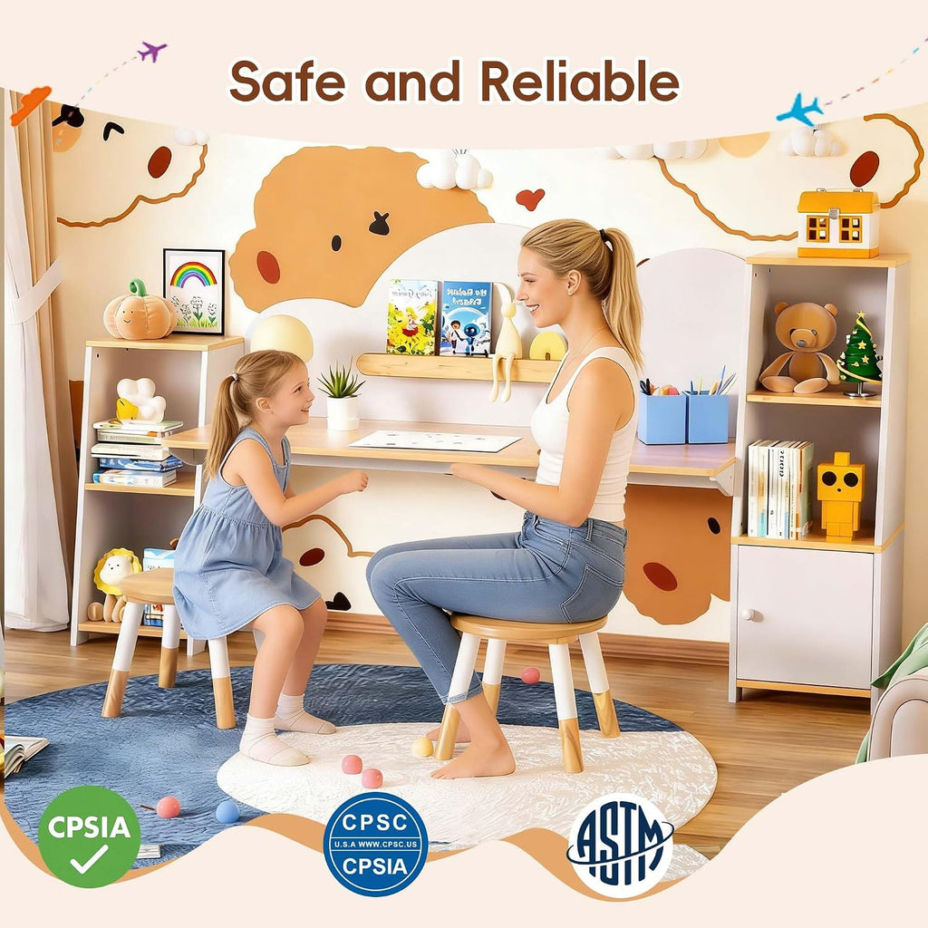 Betterhood Kids Study Desk and Chair Set with Storage, Student Study Desk, Children Study Table and Chair Set, Kids Study Desk with Bookshelves and 2 Stools, Ages 3-8, Boys, Girls, Toddler, Bedroom