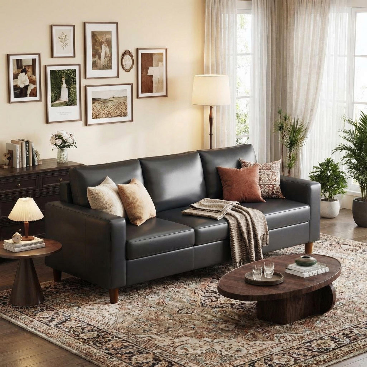 GarveeLife 85" Mid Century Modern PU Leather Sofa, 3 Seater Couch with Deep Seat & Cushions, Faux Leather Living Room Sofa for Apartment, Bedroom, Office, Orange