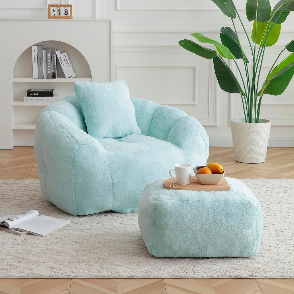 Giant Bean Bag Chair for Adults, Memory Foam Filler Big Stuffed Accent Sofa with Footstool, Faux Fur Shell-Shaped Lounge Chair for Bedroom, Gaming, Reading - Indoor Beanbag Couch for Kids (Light Blue)