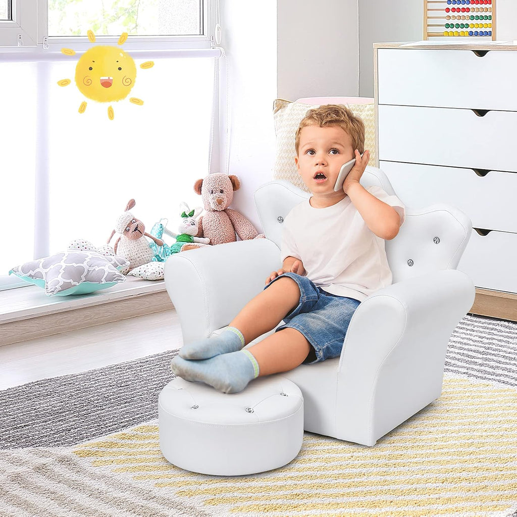 MAT EXPERT Toddler Couch with Ottoman, Kids Royal Sofa Couch with Smooth PVC Leather, Crown Shape & Diamond Buckle Decoration, Upholstered Kids Sofa, Ideal for Boys & Girls Age 3-5 (White)