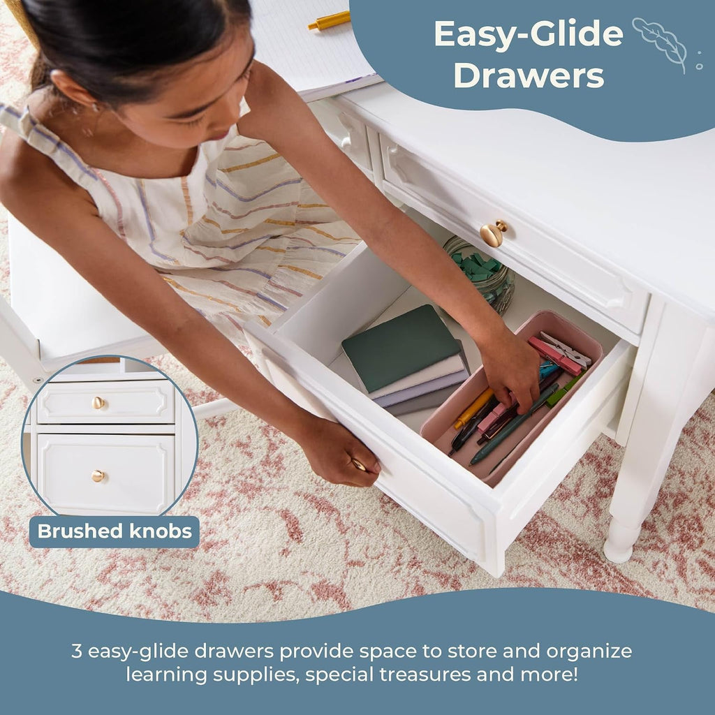 Guidecraft Avery Kids' Desk, Hutch and Chair Set - White: Children's Wooden Computer Desk with Storage Shelves and Drawers, Study Table and Chair for Girls