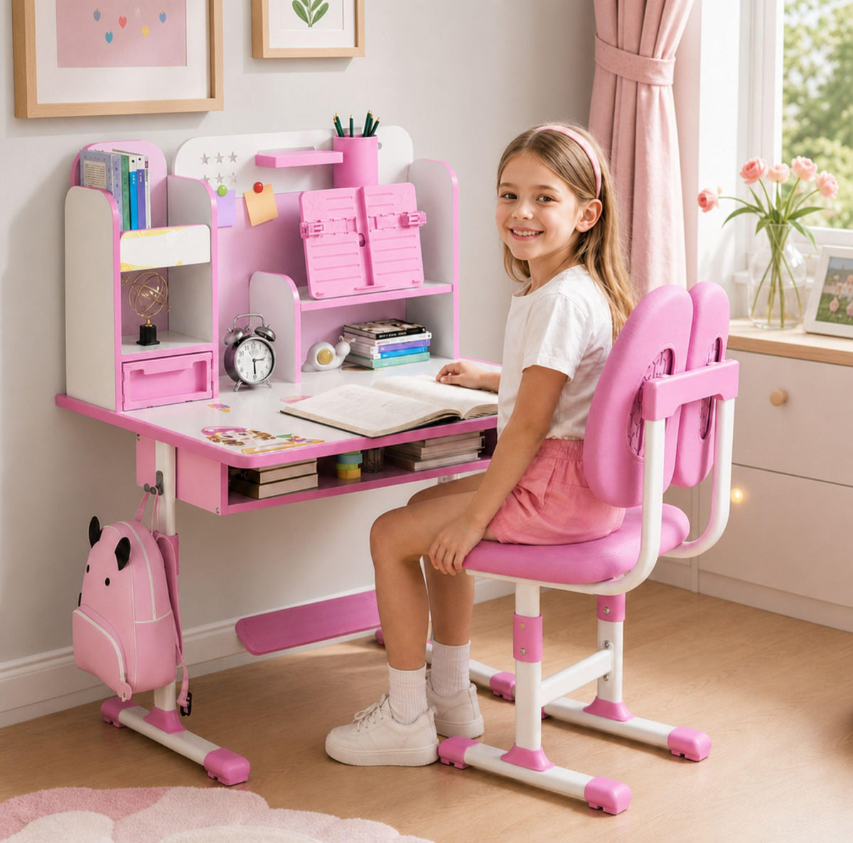 HEVIRGO Kids Desk and Chair Set, Height Adjustable Study Table with Drawer