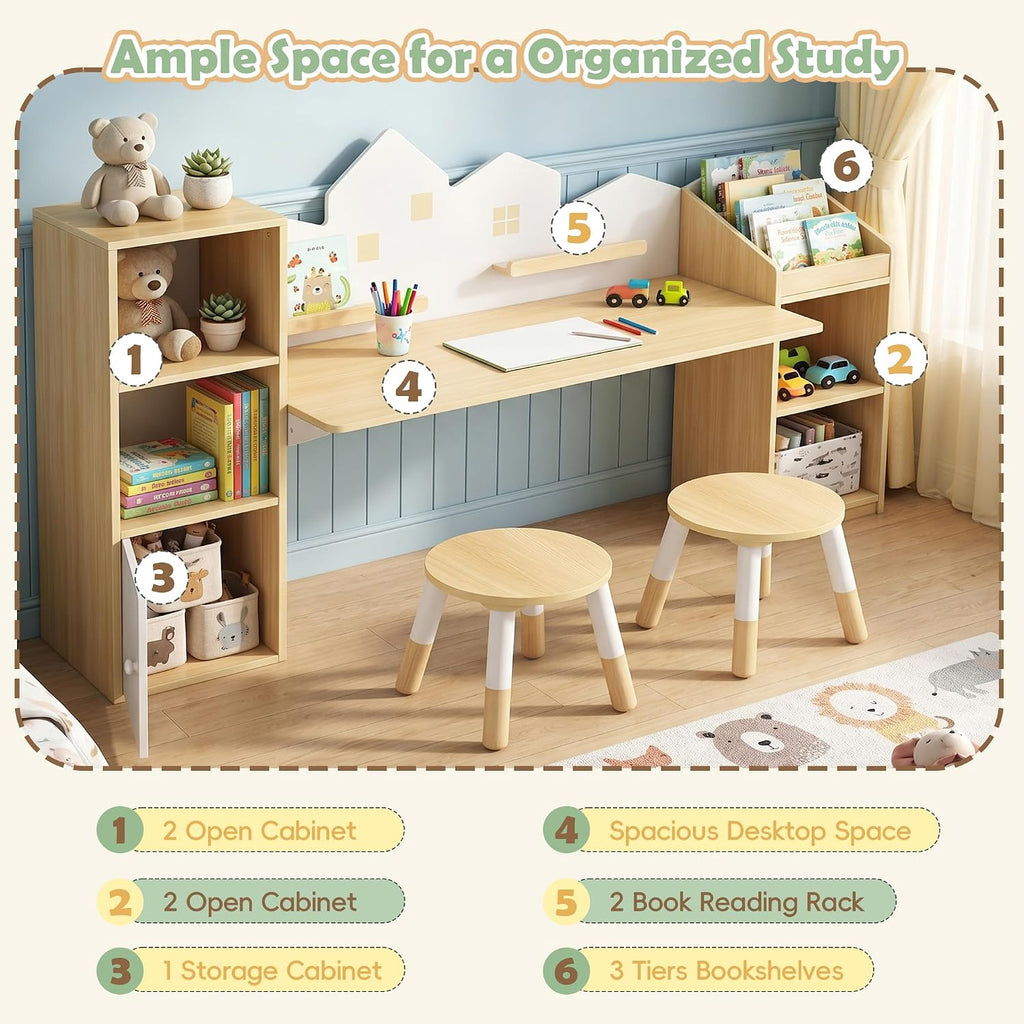 Wooden Kids Study Desk with Storage and 2 Stools, Kids Study Desk and Chair Set, Children Study Table with Bookshelves, Boys & Girls Study Desk for Ages 3-8, Bedroom, Toddler (House)