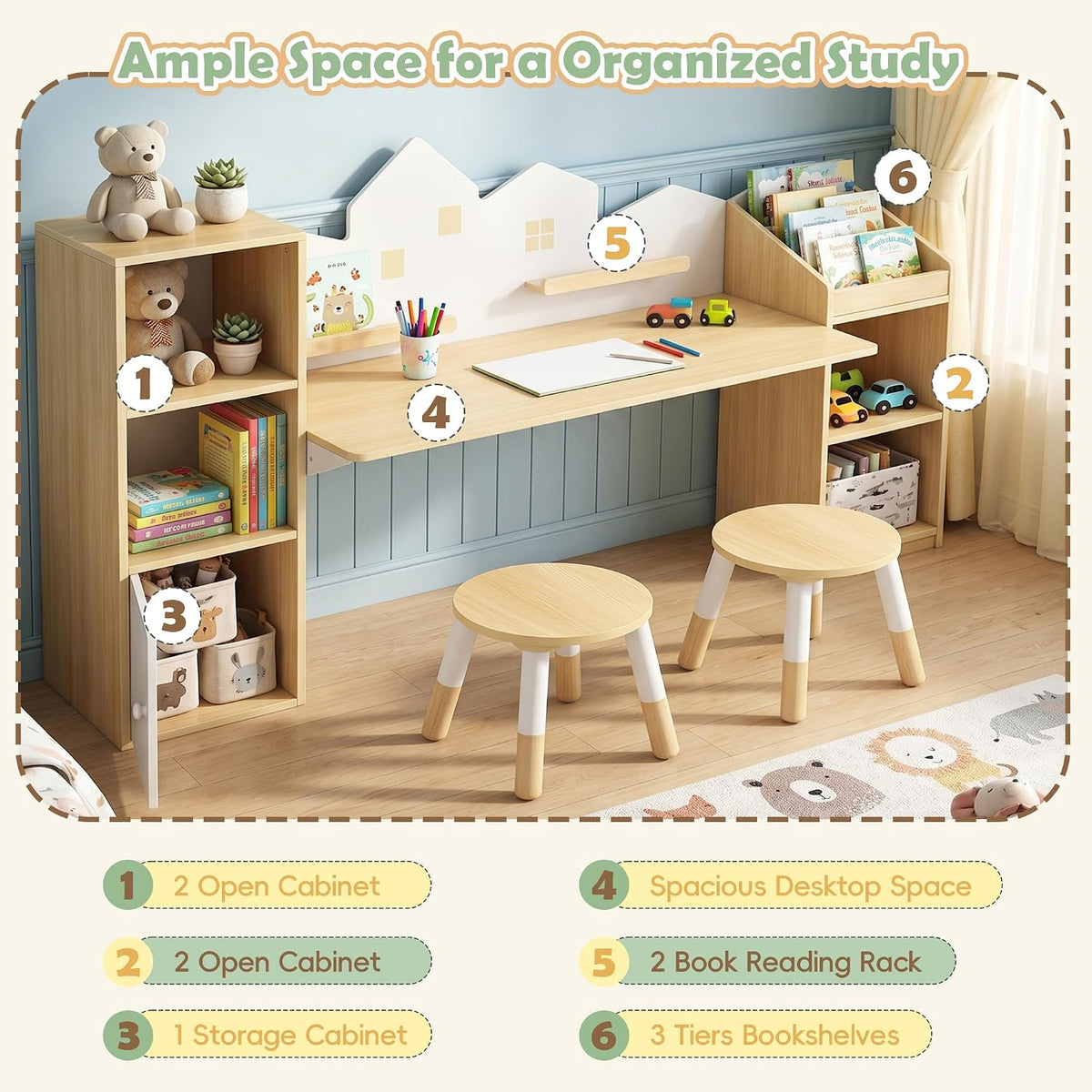 Wooden Kids Study Desk with Storage and 2 Stools, Kids Study Desk and Chair Set, Children Study Table with Bookshelves, Boys & Girls Study Desk for Ages 3-8, Bedroom, Toddler (House)