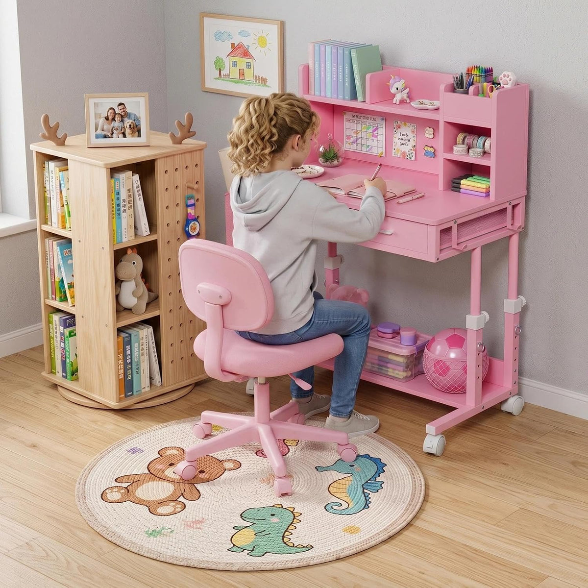 Pink Kids Desk with Hutch, 32" Height Adjustable Mobile Rolling Girls Desk