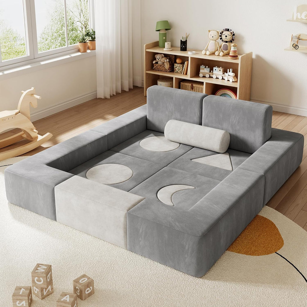 Modular Kids Play Couch, 17-Piece Kids Couch with Shape Pillows & Window Panels, Convertible Play Couch for Kids, Toddler Couch, Kids Sofa with Washable Covers for Playroom, Bedroom, Reading Nook-Grey