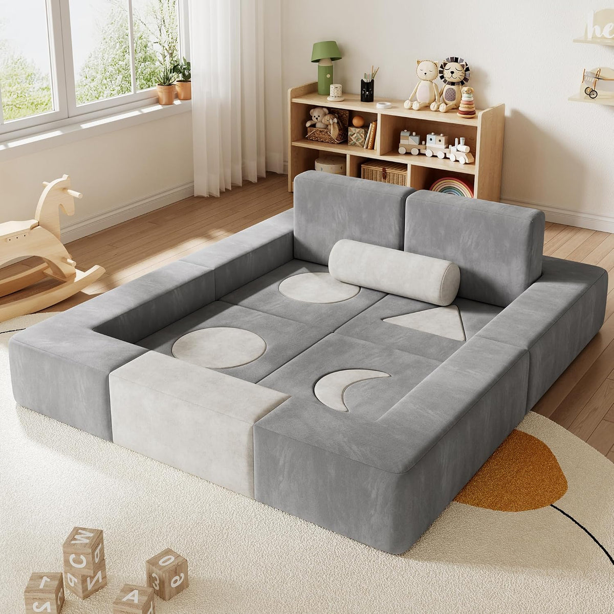 Modular Kids Play Couch, 17-Piece Kids Couch with Shape Pillows & Window Panels, Convertible Play Couch for Kids, Toddler Couch, Kids Sofa with Washable Covers for Playroom, Bedroom, Reading Nook-Grey