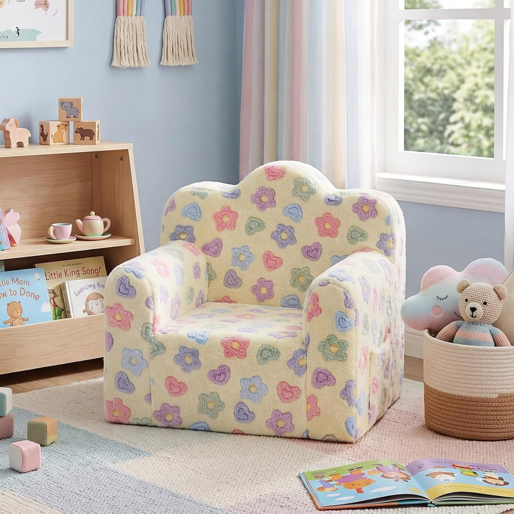 Tiita Kids Sofa, Childrens Couch with Carry Handle, Portable Toddler Foam Sofa Couch, Glow in The Dark Nursery Kids Couch, Lightweight Kids Chair for Playroom, Dorm Room, Small Space, Flower
