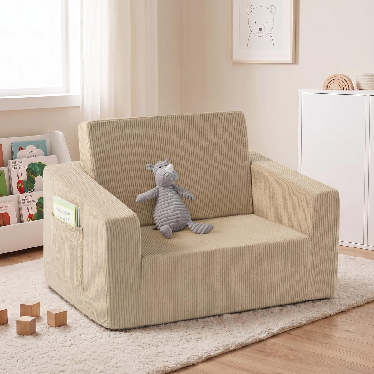 2-in-1 Kids Chair and Couch, Larger Cozy Corduroy Kids Sofa, Grey