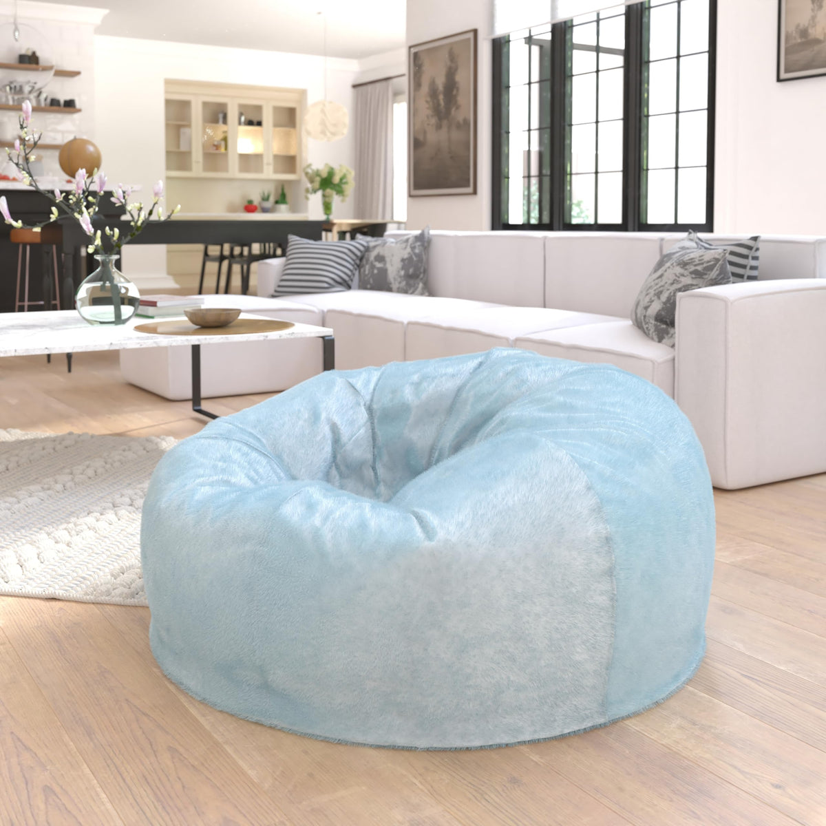 BizChair Sherpa Bean Bag Chair, Classic Refillable Bean Bag Chair for Kids and Teens, Large, Natural