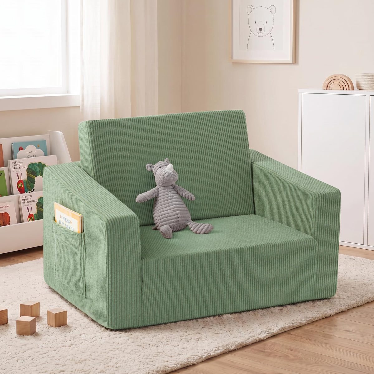 2-in-1 Kids Chair and Couch, Larger Cozy Corduroy Kids Sofa, Grey