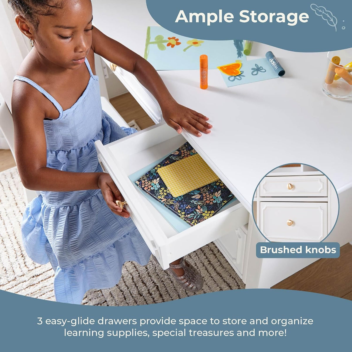 Guidecraft Avery Kids' Desk and Chair Set - White: Girls Wooden Study Desk with Storage Drawers, Computer Workstation for Children