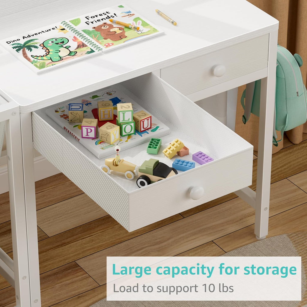 White Kids Desk and Chair Set for 5-8 Year Old Girls Boys, Small Child Desk with Bookshelf, Children Study Table with Fabric Drawer and Storage