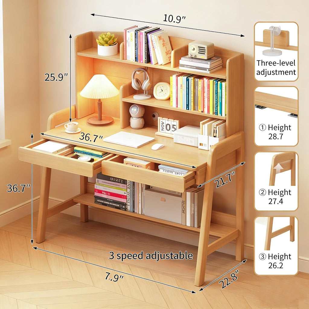 Kids Desk with Storage and Bookshelf, Solid Wood Study Desk for Kids