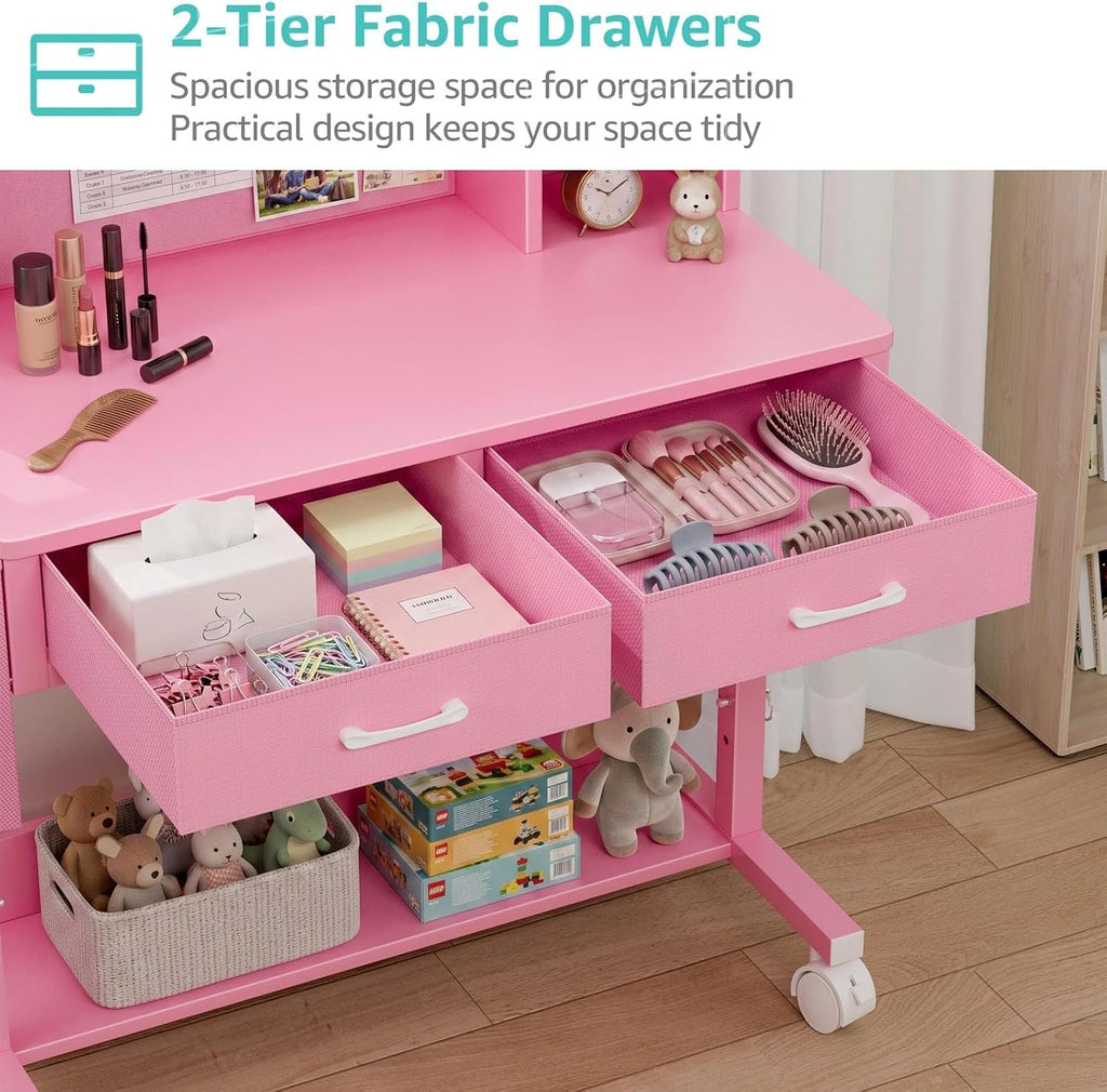 Pink Kids Desk with Hutch, 32" Height Adjustable Mobile Rolling Girls Desk