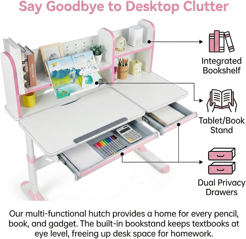JOYLDIAS Ergonomic Kids Desk with Hutch, 47" Wide Height Adjustable Study Table for Home School, Anti-Hunchback Tilting Desktop for Reading & Drawing, Durable Student Learning Center (Pink)