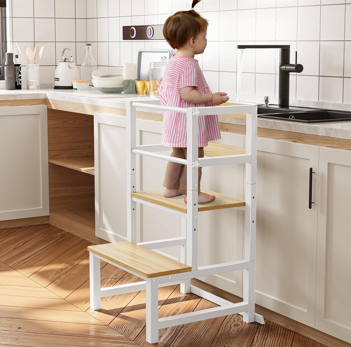 INNOD Kitchen Step Stool for Toddlers, Height Adjustable Toddler Tower with Safety Rail, Steel and Wood Toddler Kitchen Stool Helper Kids, Stool for Kids, Learning Tower, Kids' Desk Brown
