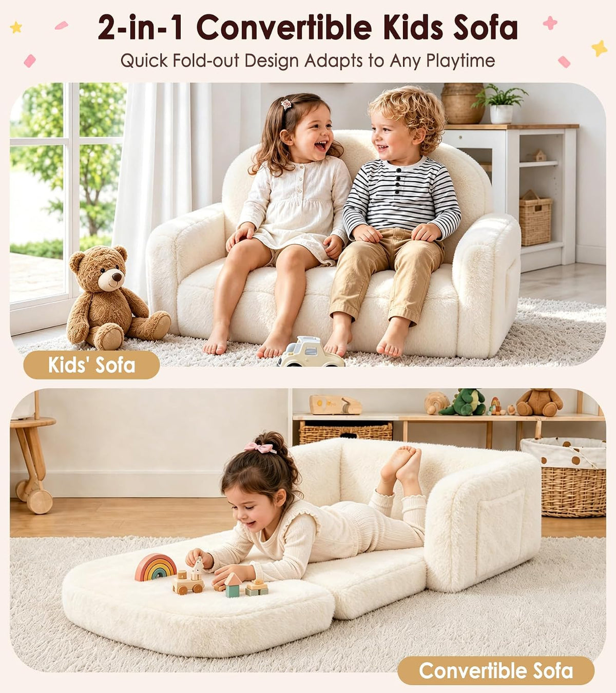 Foryoomi 2-in-1 Kids Plush Kids Couch, Extra Wide Toddler Couch with Bonus Blanket – Ultra-Thick Faux Fur Convertible Sofa Chair, Fold-Out Play Mat, Side Pocket & Carry Handle, Beige