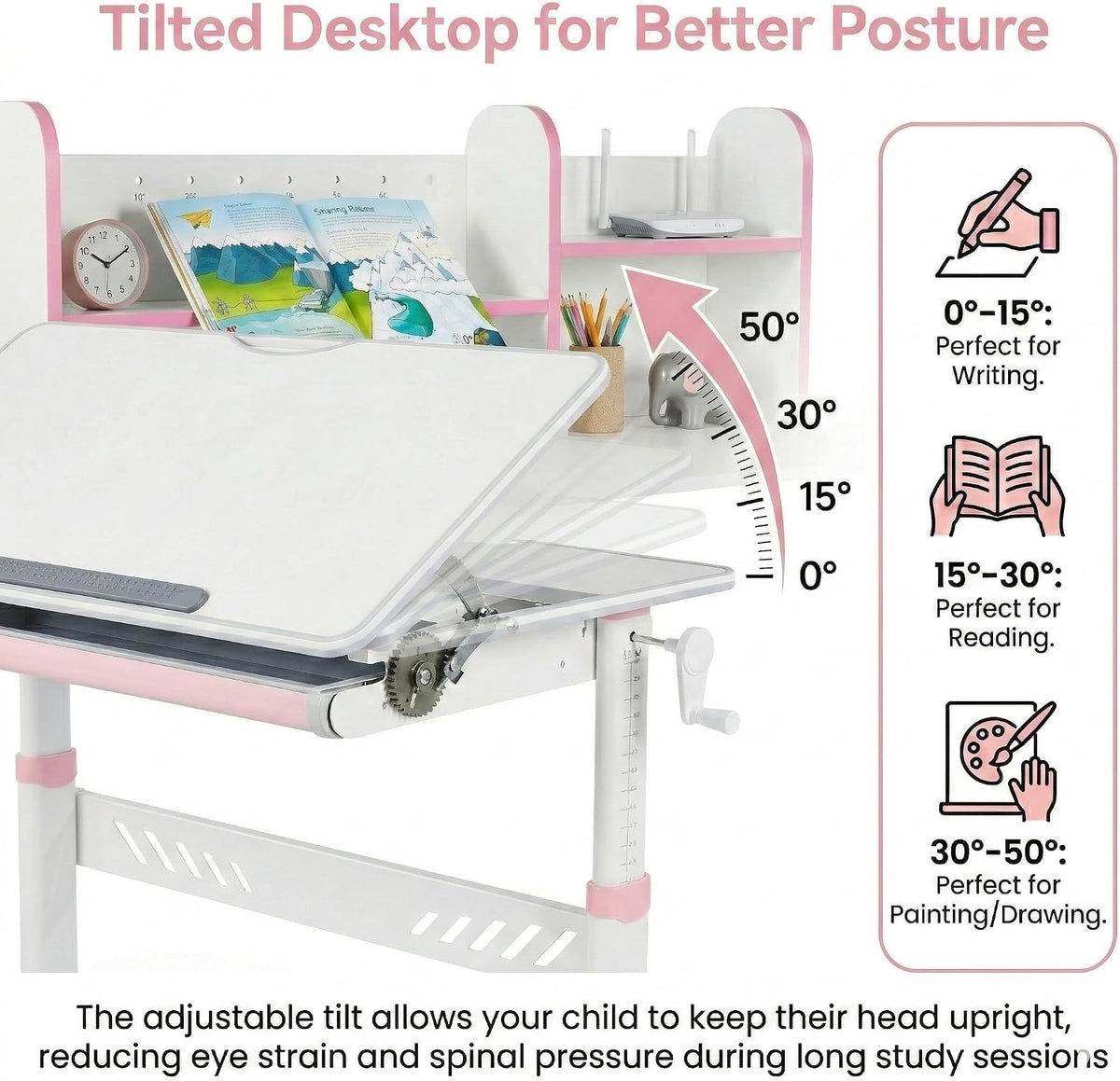 JOYLDIAS Ergonomic Kids Desk with Hutch, 47" Wide Height Adjustable Study Table for Home School, Anti-Hunchback Tilting Desktop for Reading & Drawing, Durable Student Learning Center (Pink)