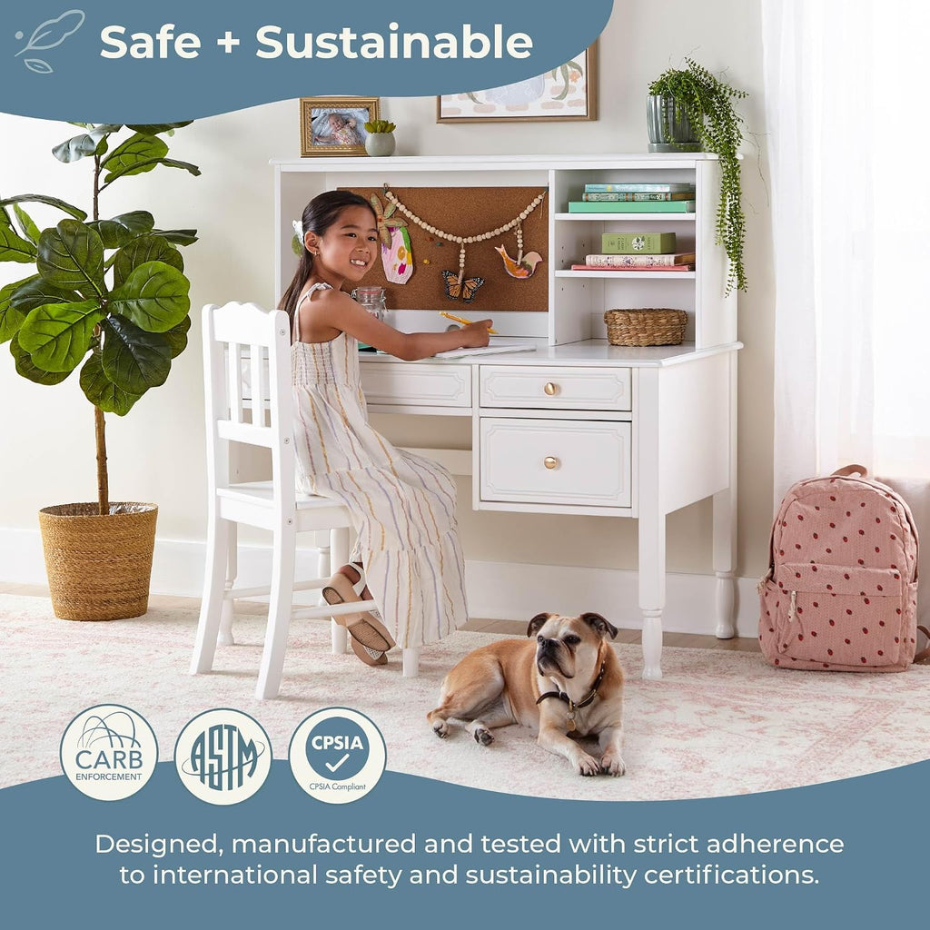 Guidecraft Avery Kids' Desk, Hutch and Chair Set - White: Children's Wooden Computer Desk with Storage Shelves and Drawers, Study Table and Chair for Girls