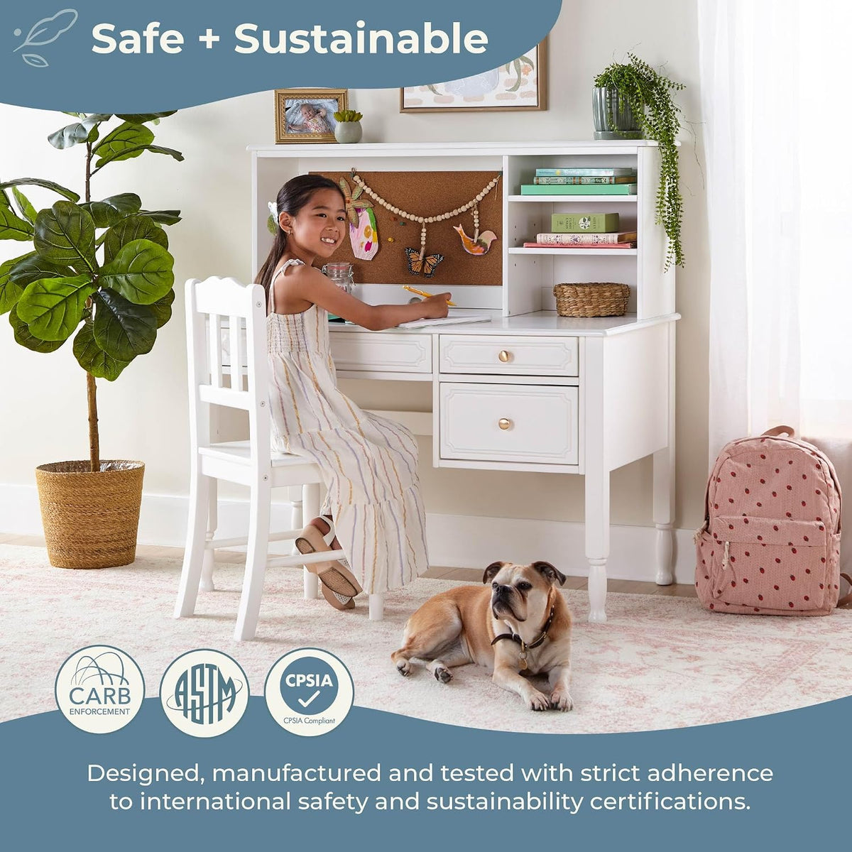 Guidecraft Avery Kids' Desk, Hutch and Chair Set - White: Children's Wooden Computer Desk with Storage Shelves and Drawers, Study Table and Chair for Girls