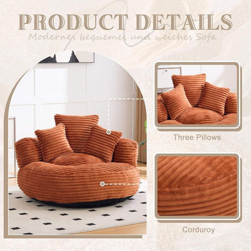Corduroy Bean Bag Chair with 3 Pillows Armrest Foam Filler for Adult Kids