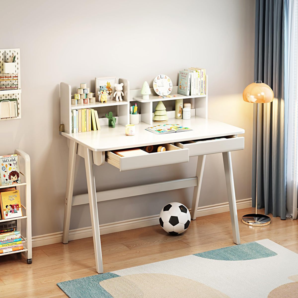 Kids Desk＆Table Rubber Wood Children’s Study Desk with Bookshelf and Two Drawers Desk for 3 Years Old and Above Student's Study Computer Workstation & Writing Table for Home Use(Brown