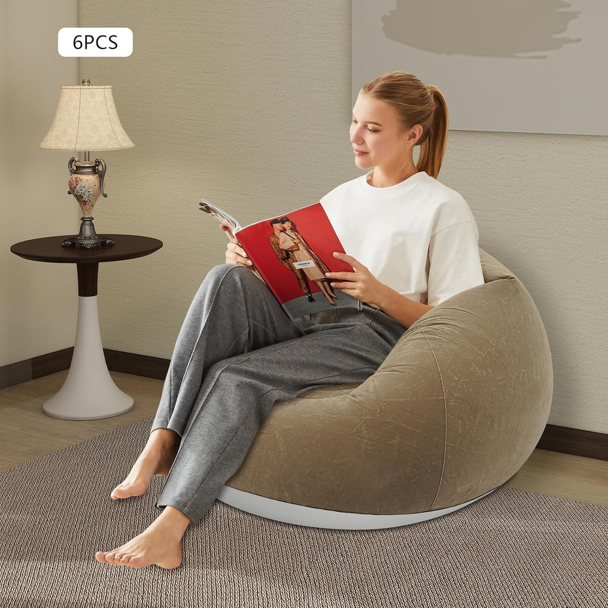 6 Pcs Inflatable Bean Bag Chairs for Adults with Foot Pump, 330lbs Capacity Blow up Couch Folding Portable Inflatable Couch Lazy Sofa for Living Room Reading Gaming (Coffee Color)