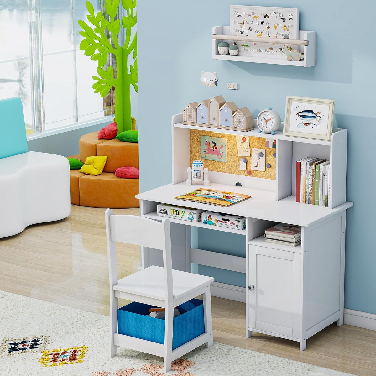 Kids Desk and Chair Set with Cork Board & Removable LED Light, White