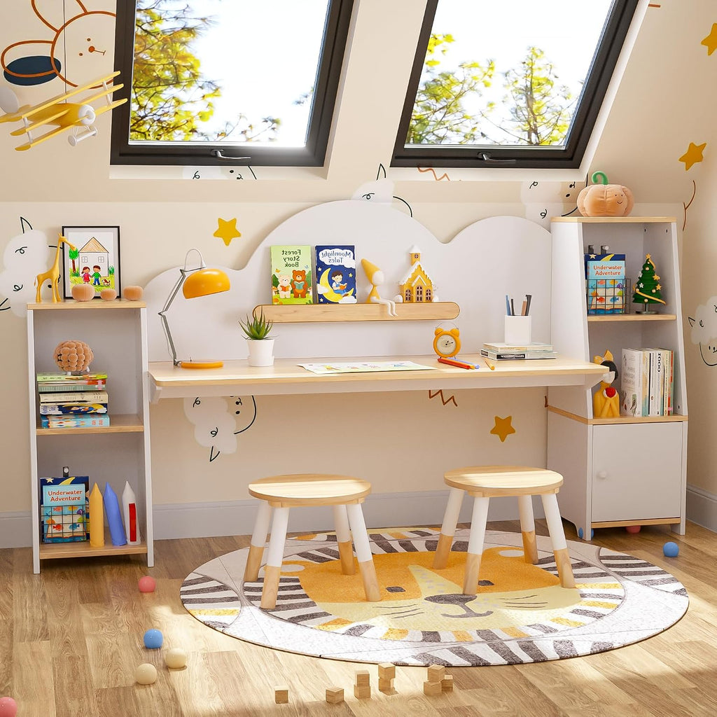Wooden Kids Study Desk with Storage and 2 Stools, Kids Study Desk and Chair Set, Children Study Table with Bookshelves, Boys & Girls Study Desk for Ages 3-8, Bedroom, Toddler