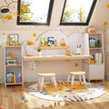 Wooden Kids Study Desk with Storage and 2 Stools, Kids Study Desk and Chair Set, Children Study Table with Bookshelves, Boys & Girls Study Desk for Ages 3-8, Bedroom, Toddler